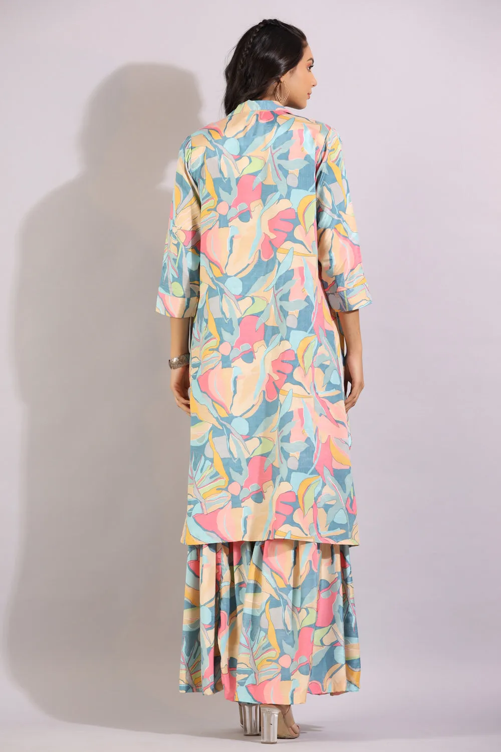 Abstract Art on Blue Three Piece Silk Co-ord Set