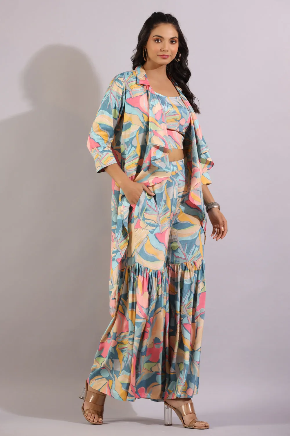 Abstract Art on Blue Three Piece Silk Co-ord Set