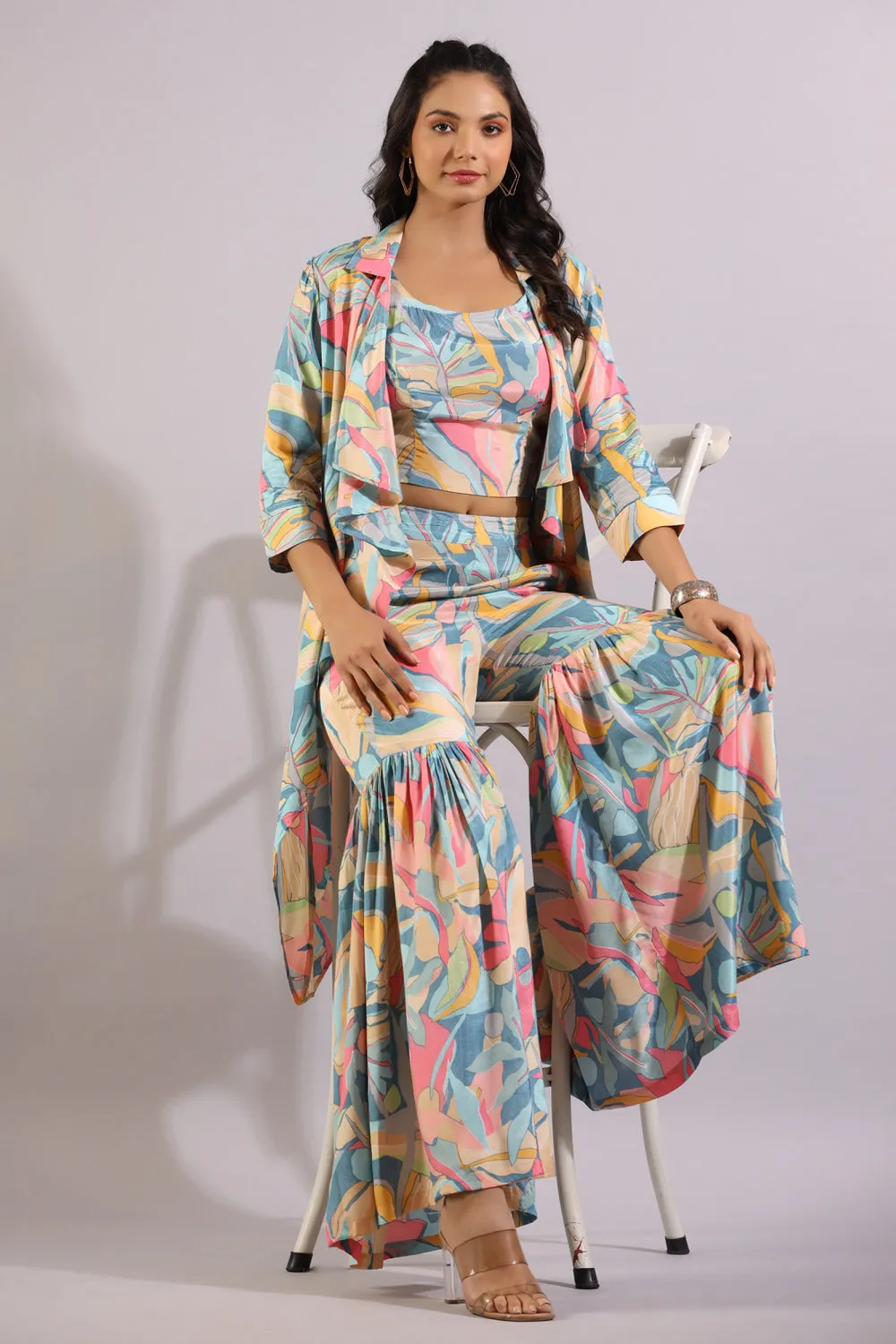 Abstract Art on Blue Three Piece Silk Co-ord Set