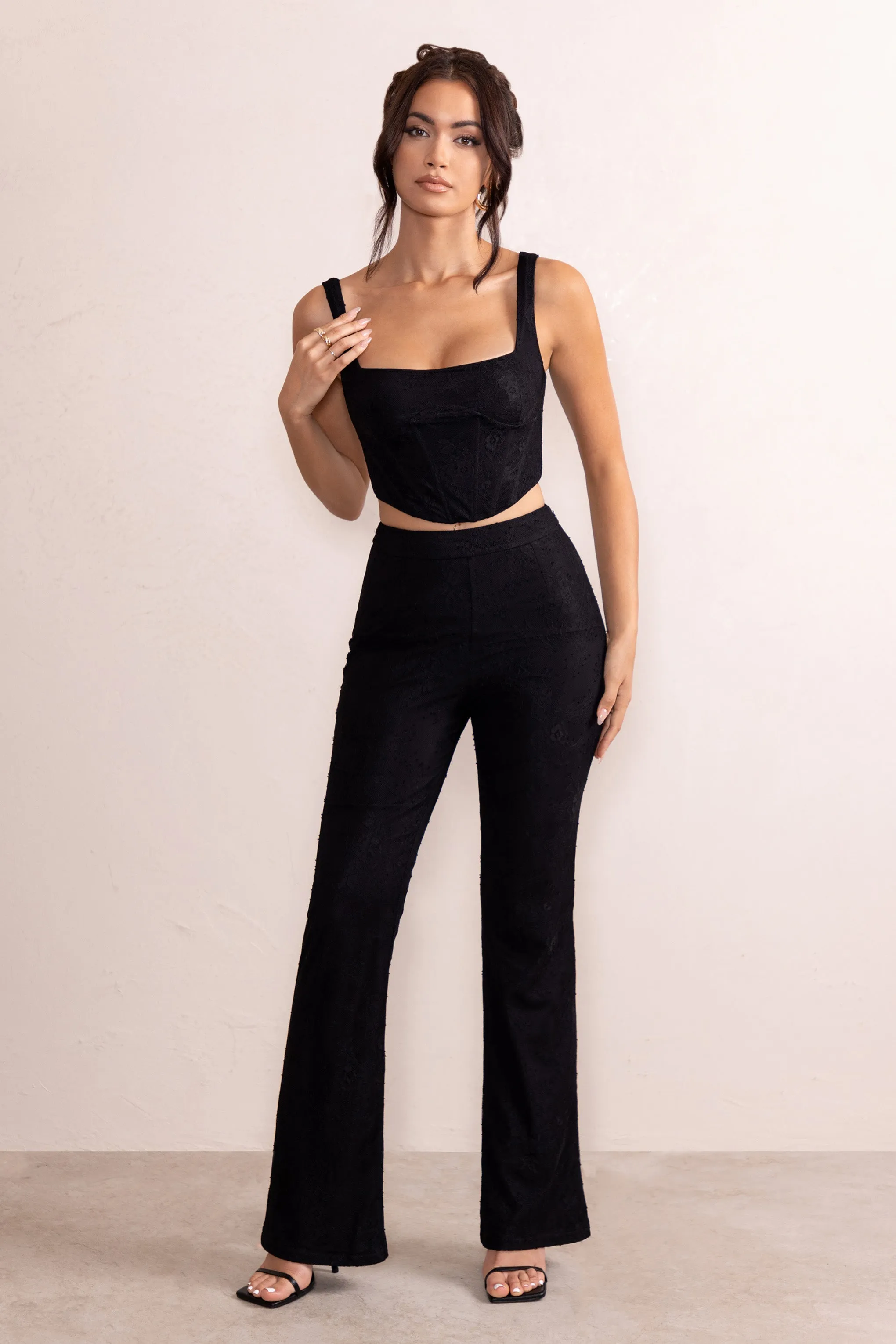 Ada | Black Lace Overlay Flared Pants