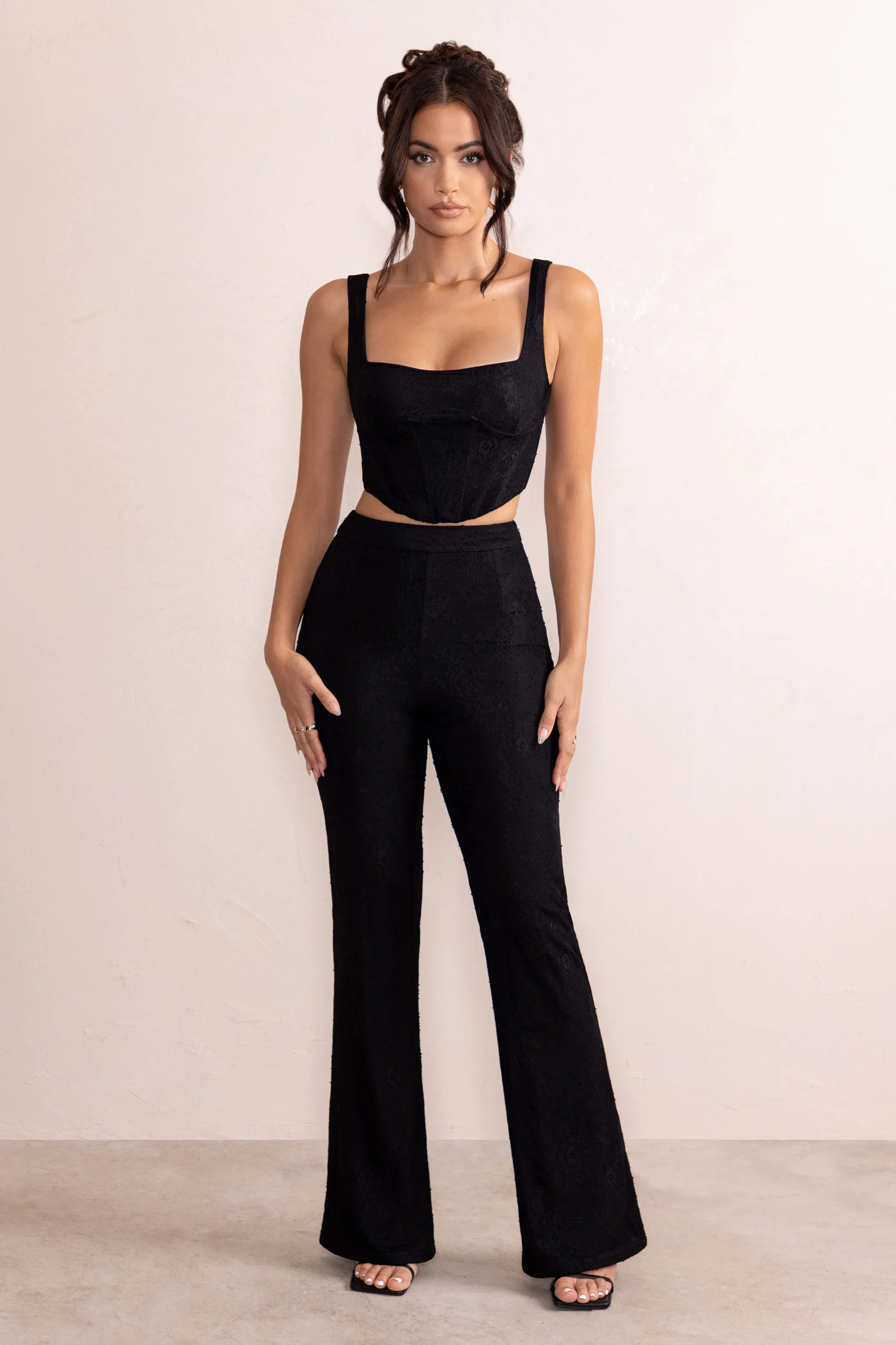 Ada | Black Lace Overlay Flared Pants