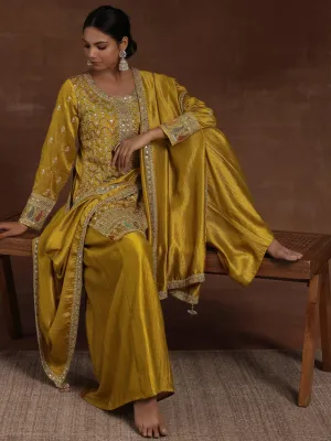 Adaa Mustard Embroidered Silk Blend Straight Kurta With Palazzos & Dupatta