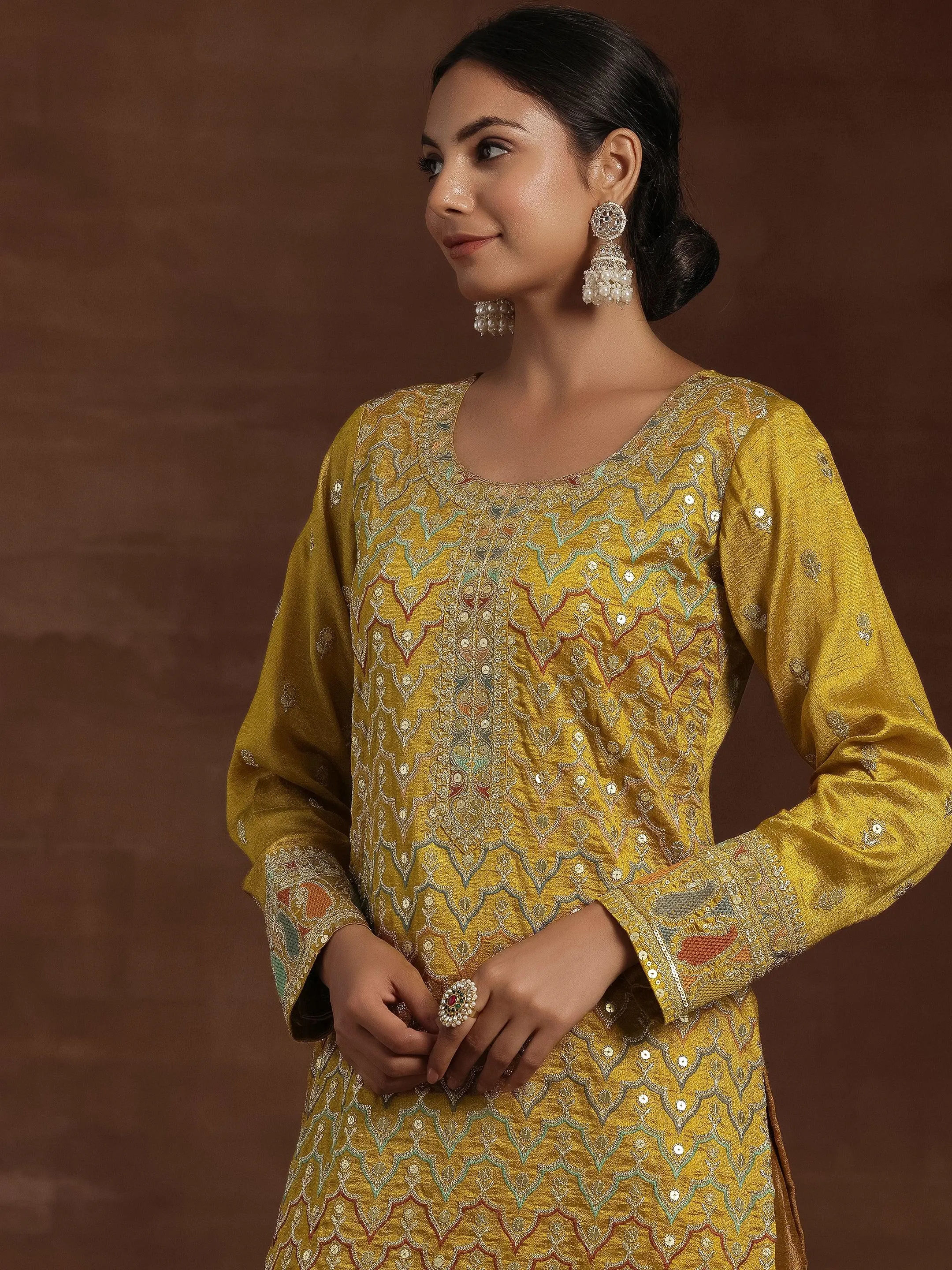 Adaa Mustard Embroidered Silk Blend Straight Kurta With Palazzos & Dupatta