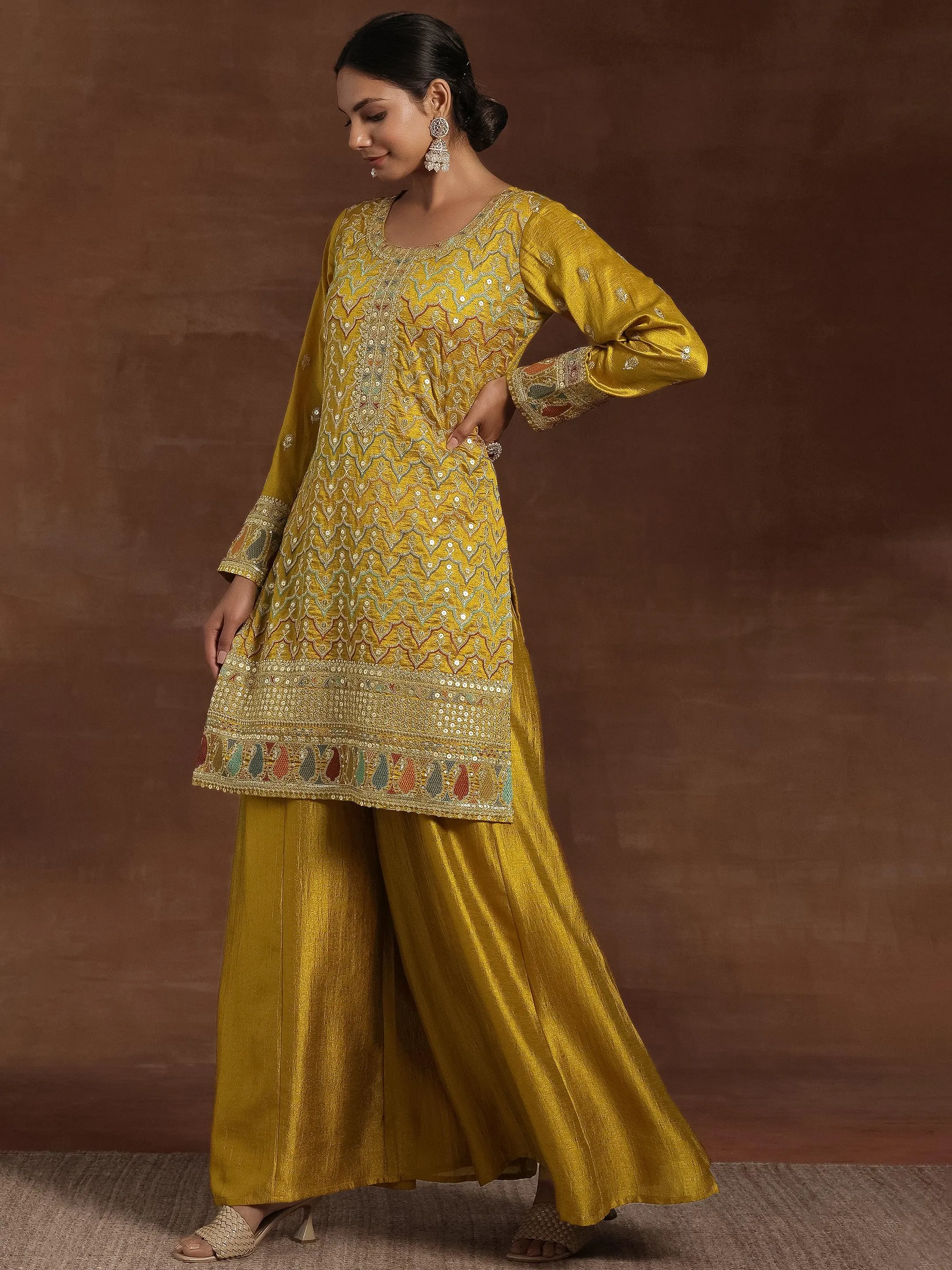 Adaa Mustard Embroidered Silk Blend Straight Kurta With Palazzos & Dupatta