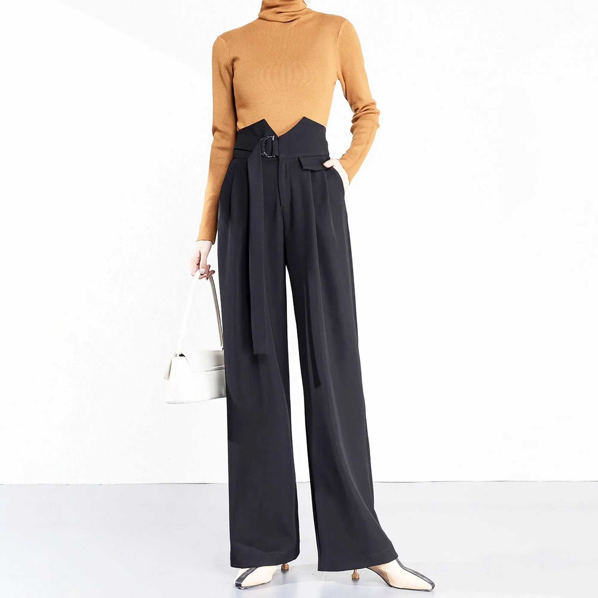 Alisa Black D-Ring Belt Wide Leg Pants