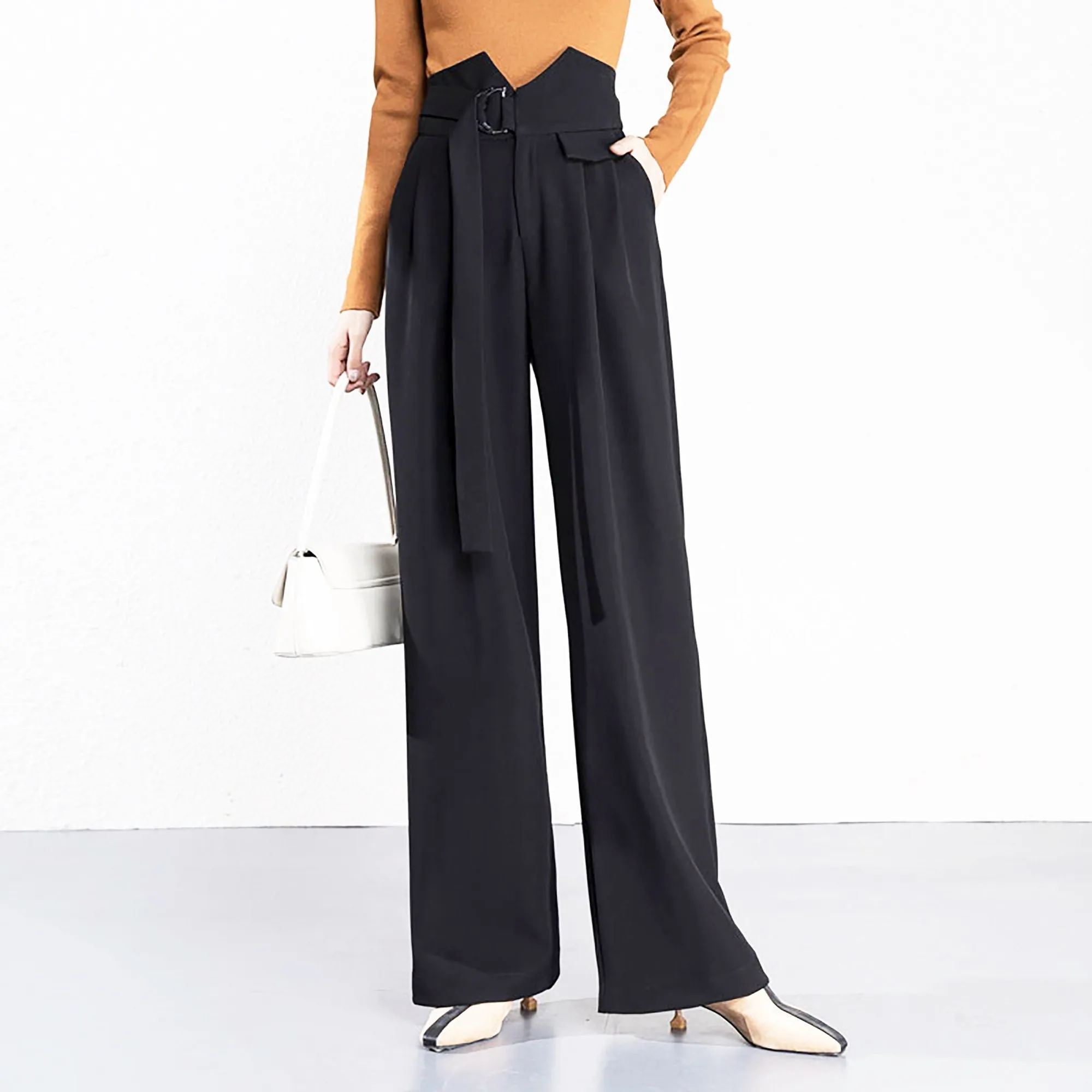 Alisa Black D-Ring Belt Wide Leg Pants