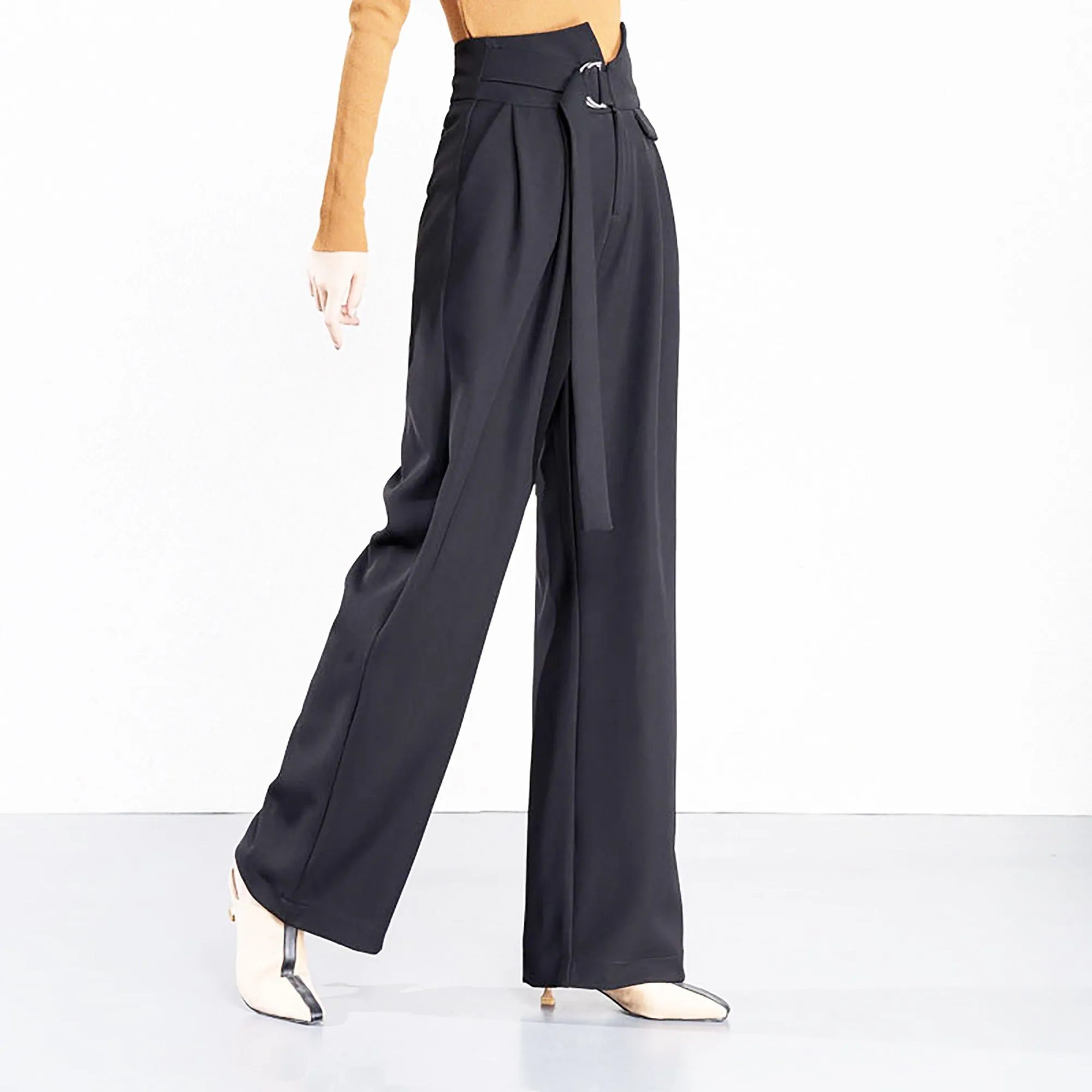 Alisa Black D-Ring Belt Wide Leg Pants