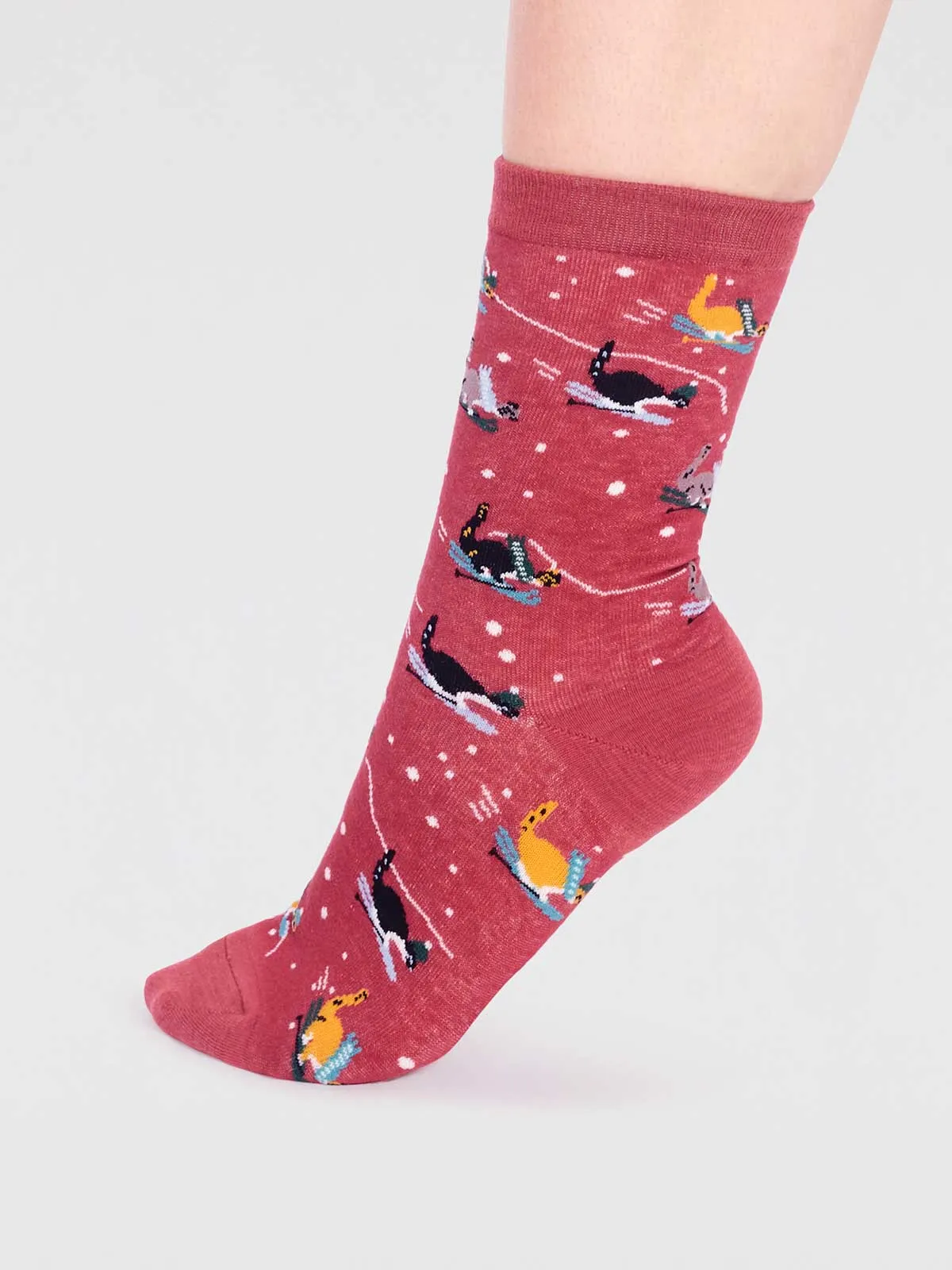 Amaryllis Organic Cotton Skiing Cat Sock - Brick Red