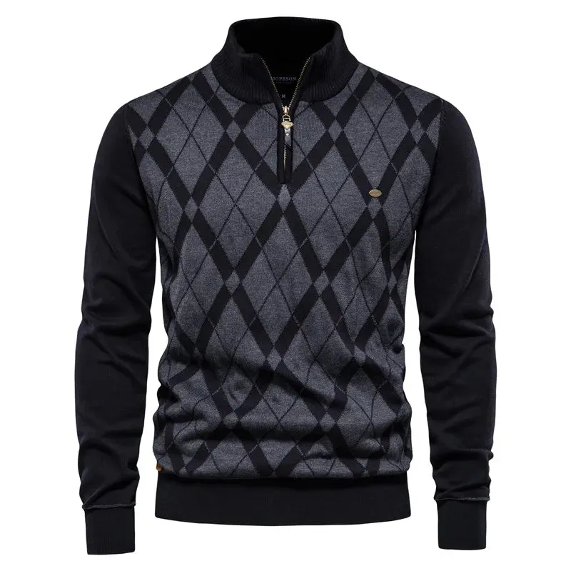 Argyle Men Sweaters Cotton Mock Neck Zipper Patchwork Pullover Men Winter High Quality Fashion Warm Sweaters for Men