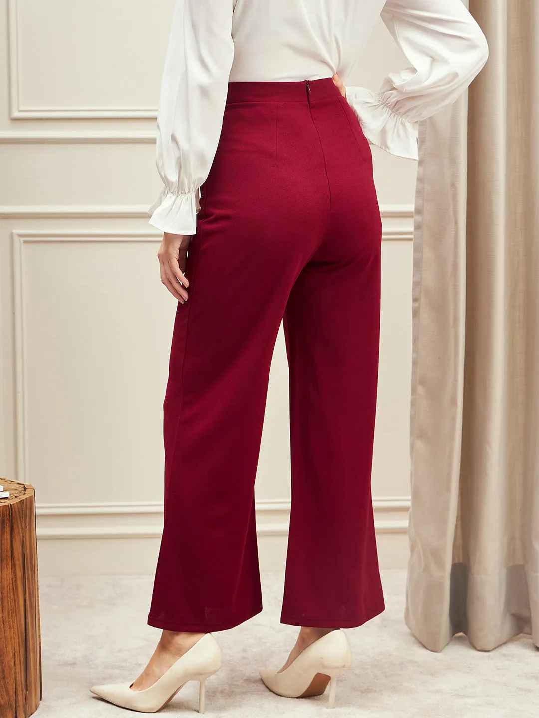 Berrylush BIZwear Women Solid Maroon High-Rise Waist Overlap-Seam Front Button Knitted Regular Palazzo Pants