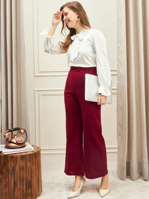 Berrylush BIZwear Women Solid Maroon High-Rise Waist Overlap-Seam Front Button Knitted Regular Palazzo Pants