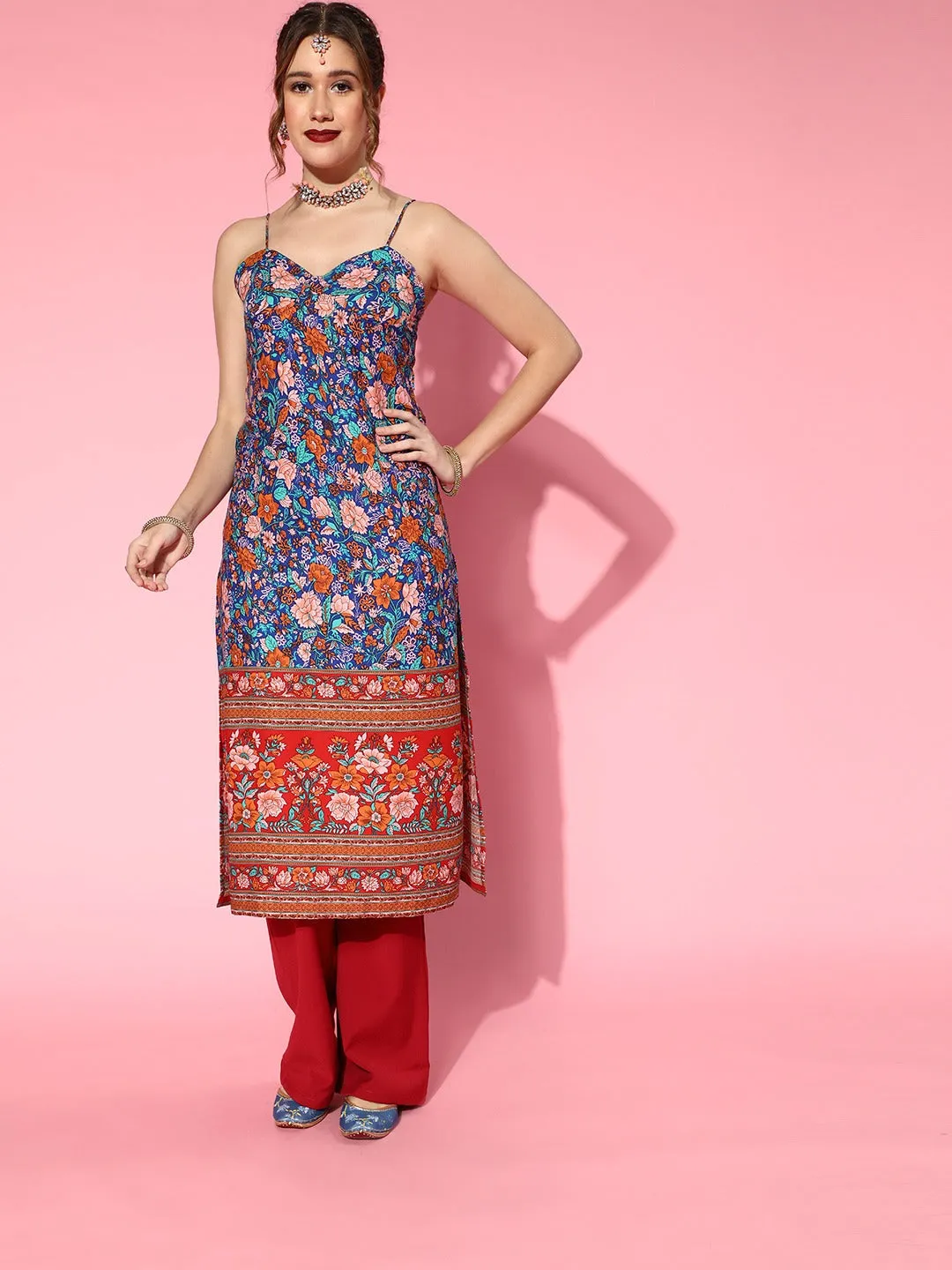 Berrylush Women Blue & Rust Orange Floral Printed Sweetheart Neck Tie-Up Strap Straight Midi Kurta