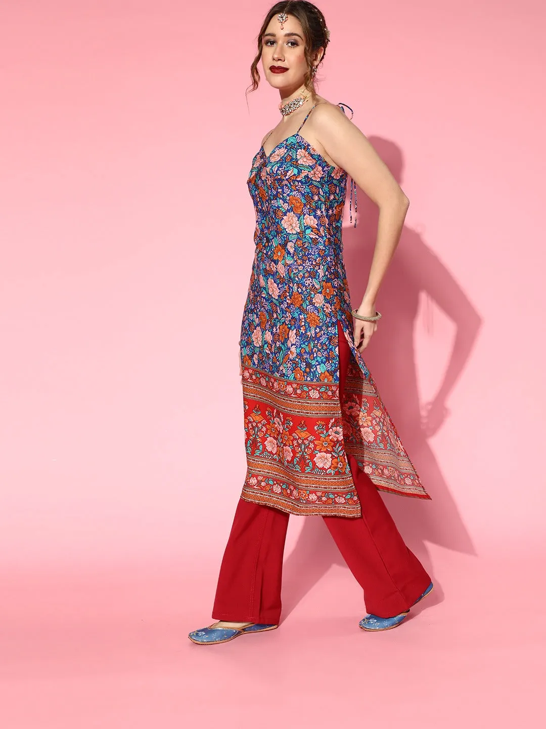 Berrylush Women Blue & Rust Orange Floral Printed Sweetheart Neck Tie-Up Strap Straight Midi Kurta