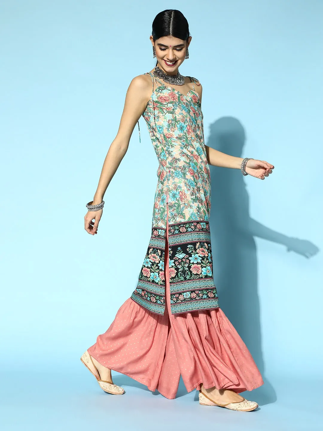 Berrylush Women Peach & Green Floral Printed Sweetheart Neck Tie-Up Strap Straight Midi Kurta