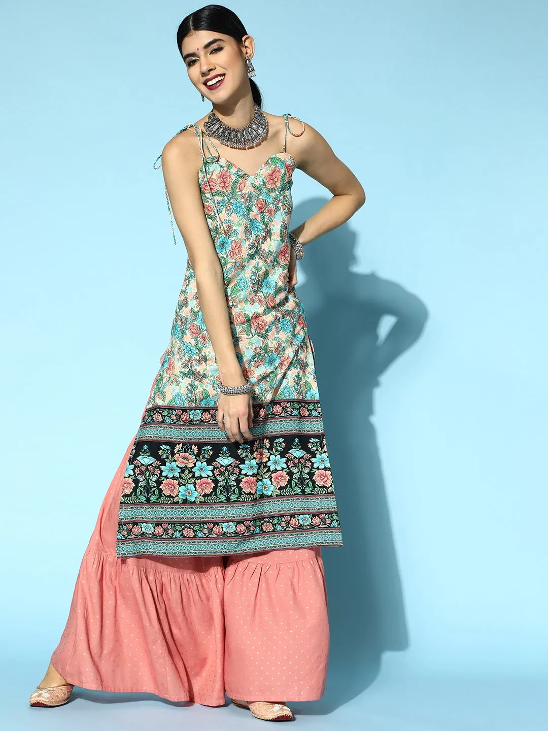 Berrylush Women Peach & Green Floral Printed Sweetheart Neck Tie-Up Strap Straight Midi Kurta