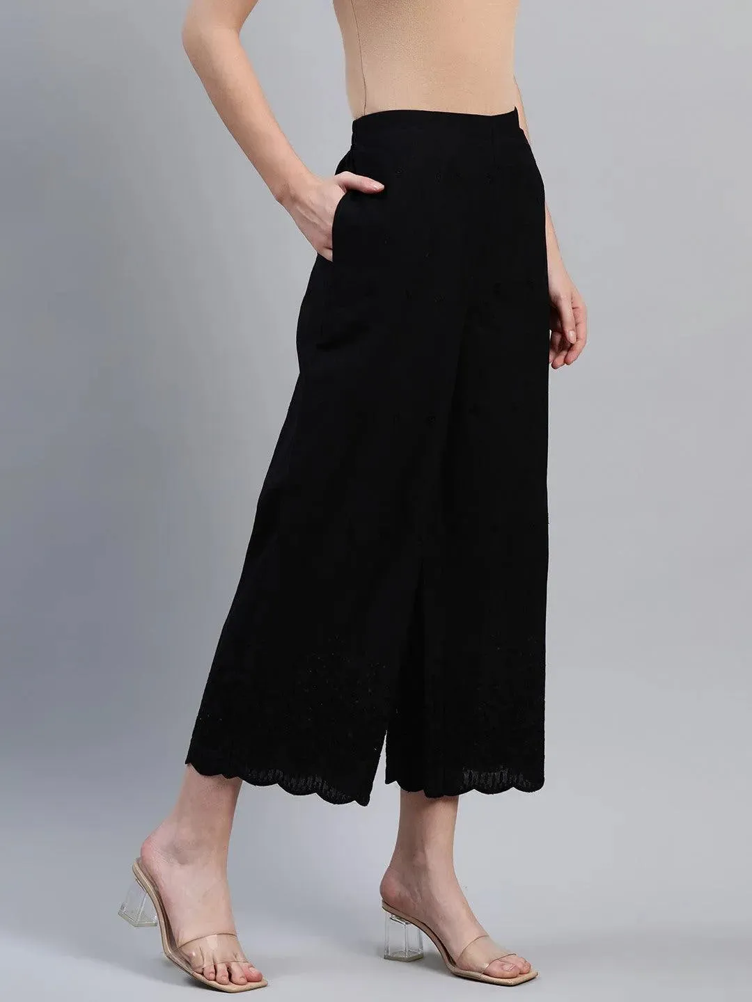 Black Embroidered Cotton Palazzos