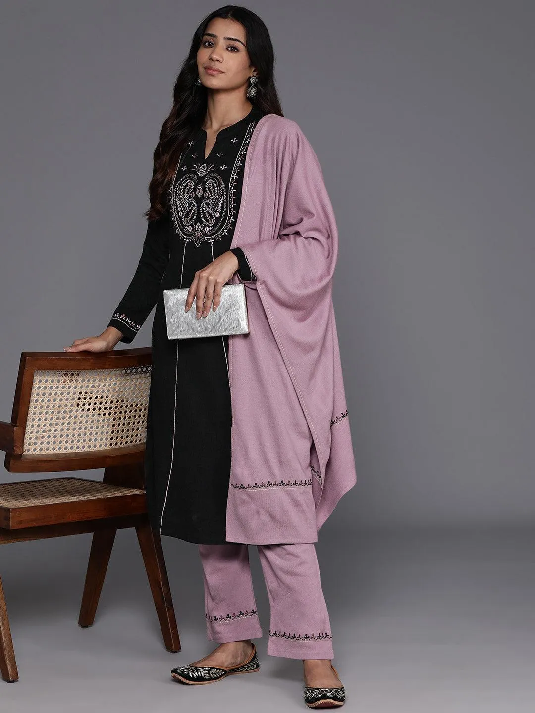 Black Yoke Design Wool Blend A-Line Kurta With Palazzos & Dupatta