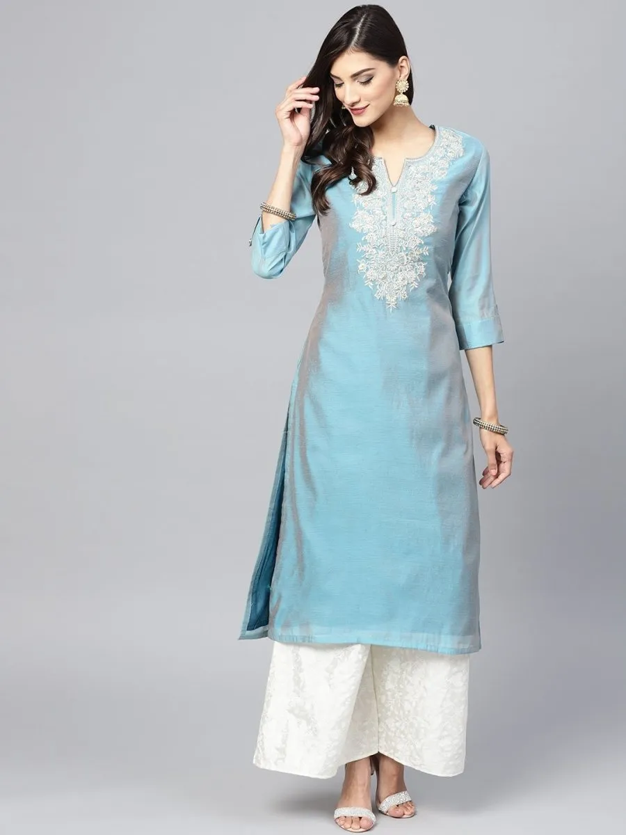 Blue & White Yoke Design Kurta with Palazzos