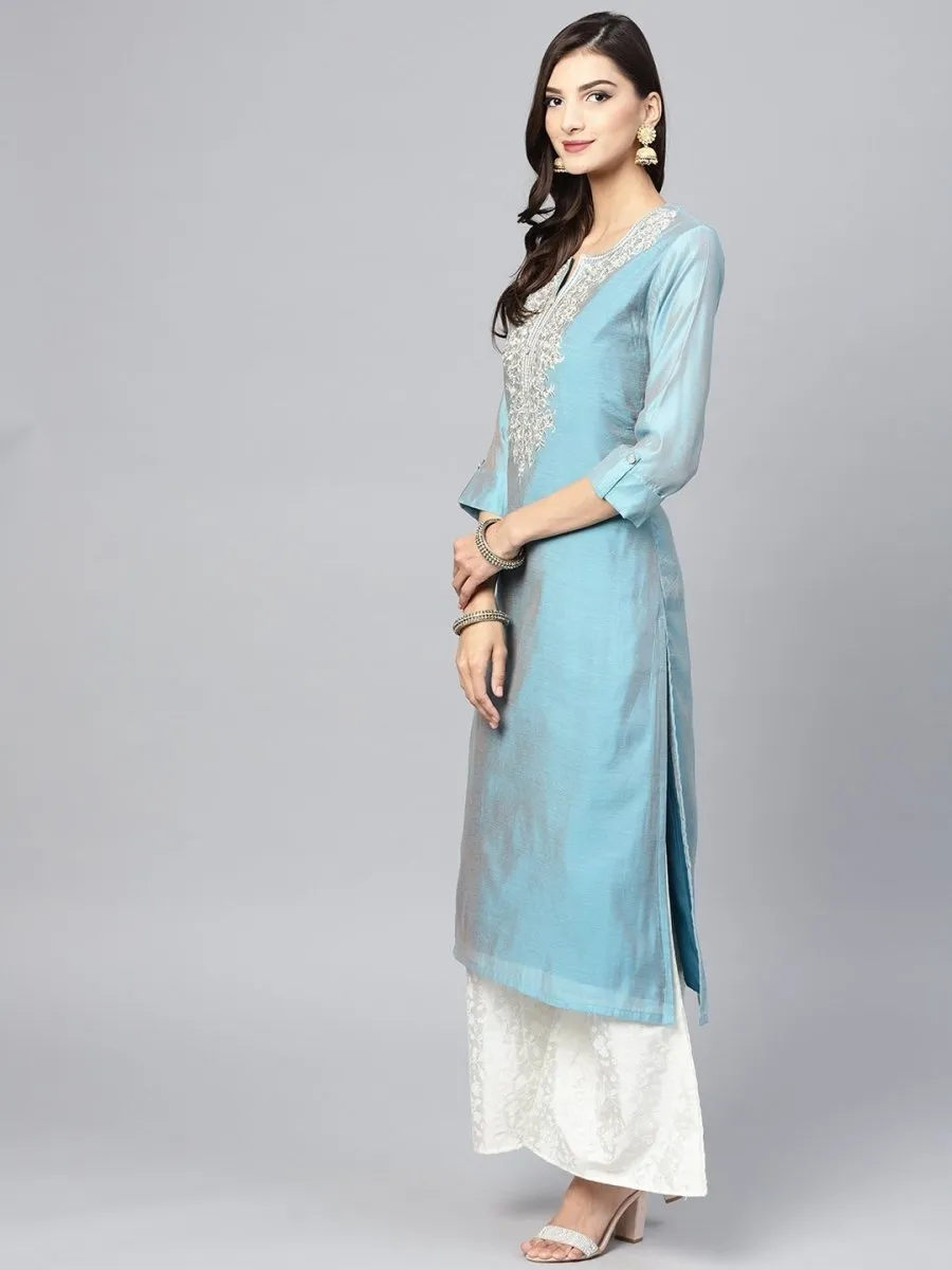 Blue & White Yoke Design Kurta with Palazzos