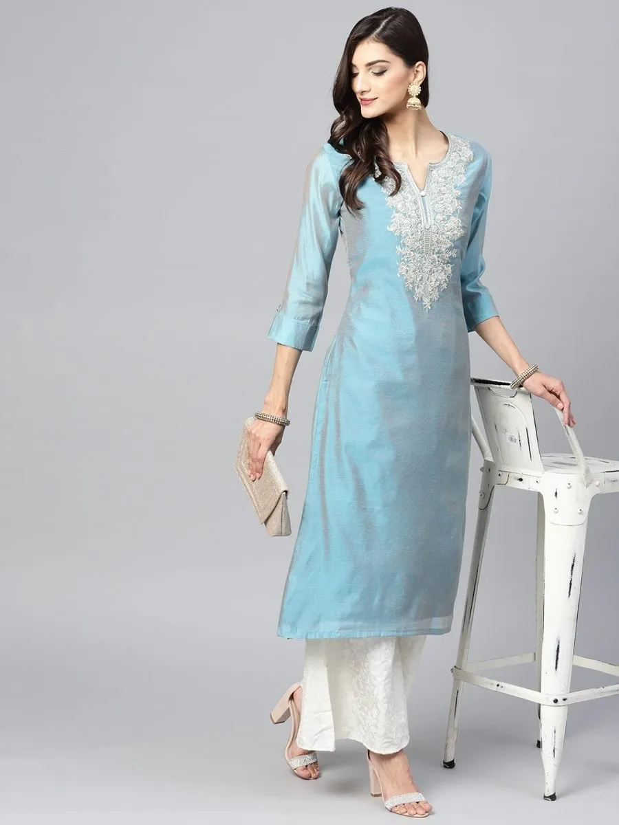 Blue & White Yoke Design Kurta with Palazzos