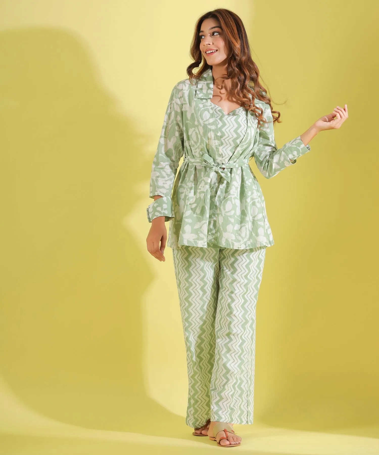 Calming Green Zigzag Cotton Three piece Set