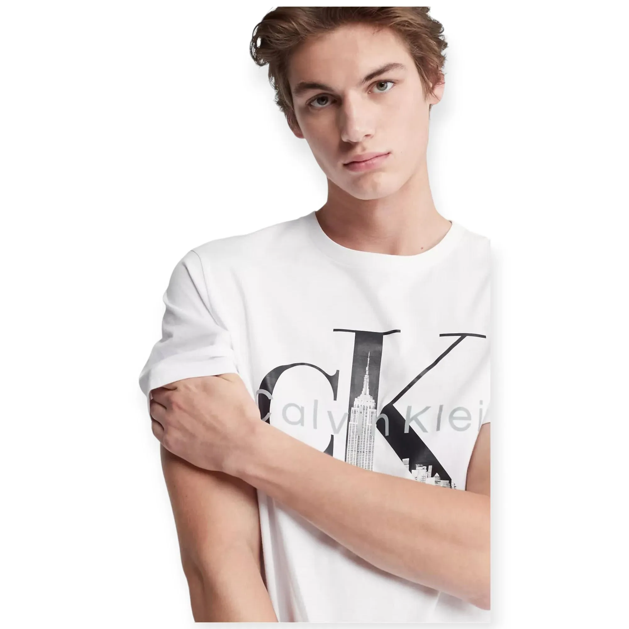 Calvin Klein Men Cityscape Graphic Monogram Logo Crewneck T-Shirt (Brilliant White)