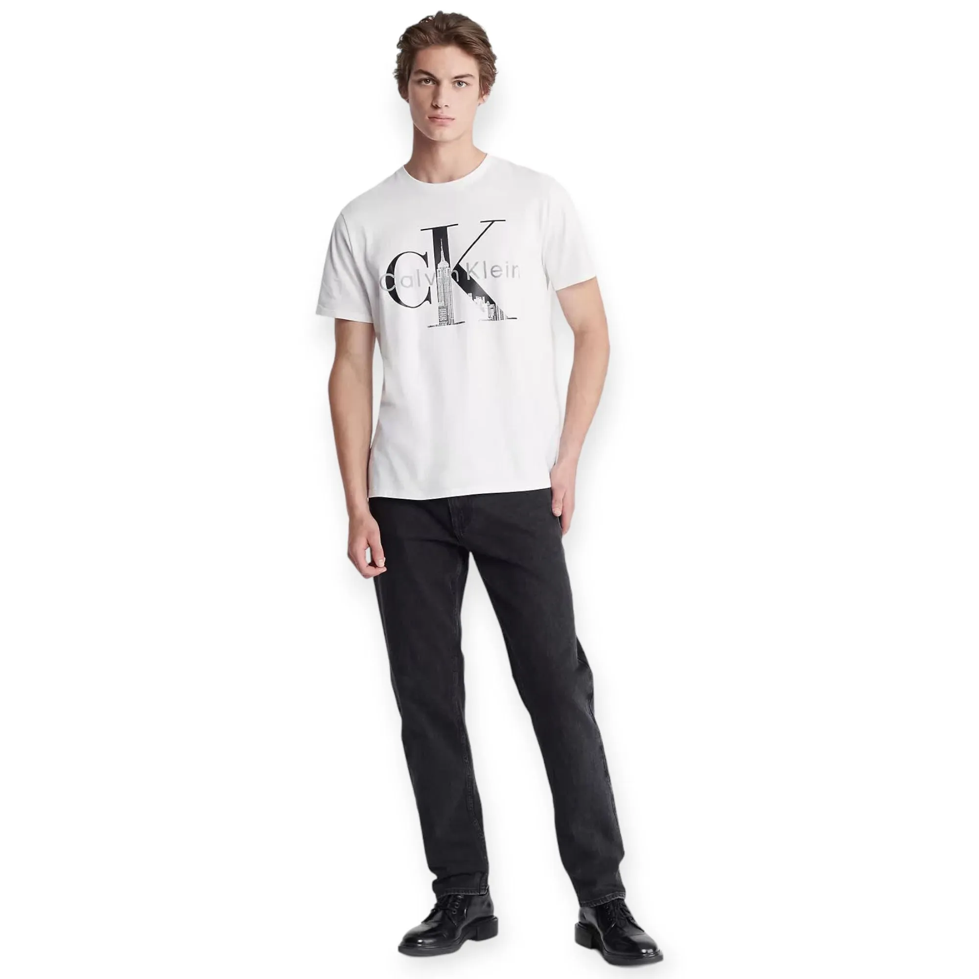 Calvin Klein Men Cityscape Graphic Monogram Logo Crewneck T-Shirt (Brilliant White)