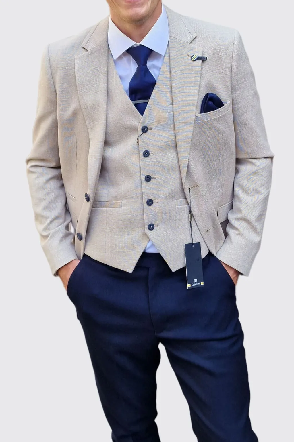 Cavani Miami Beige Three Piece Suit with Navy Trousers