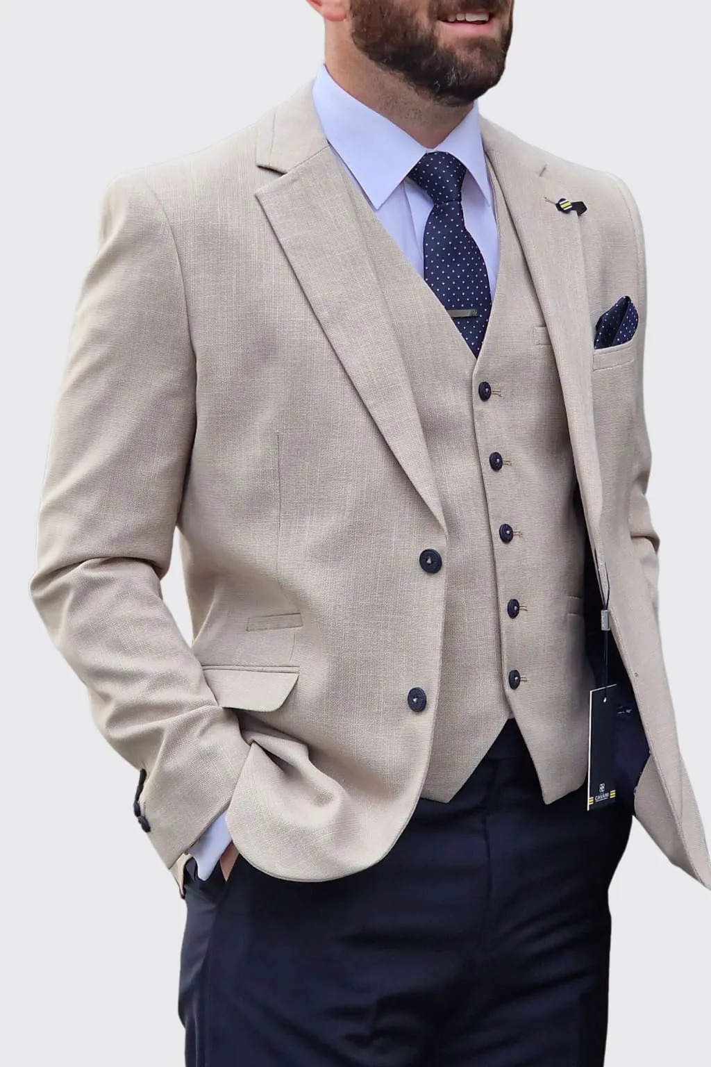 Cavani Miami Beige Three Piece Suit with Navy Trousers