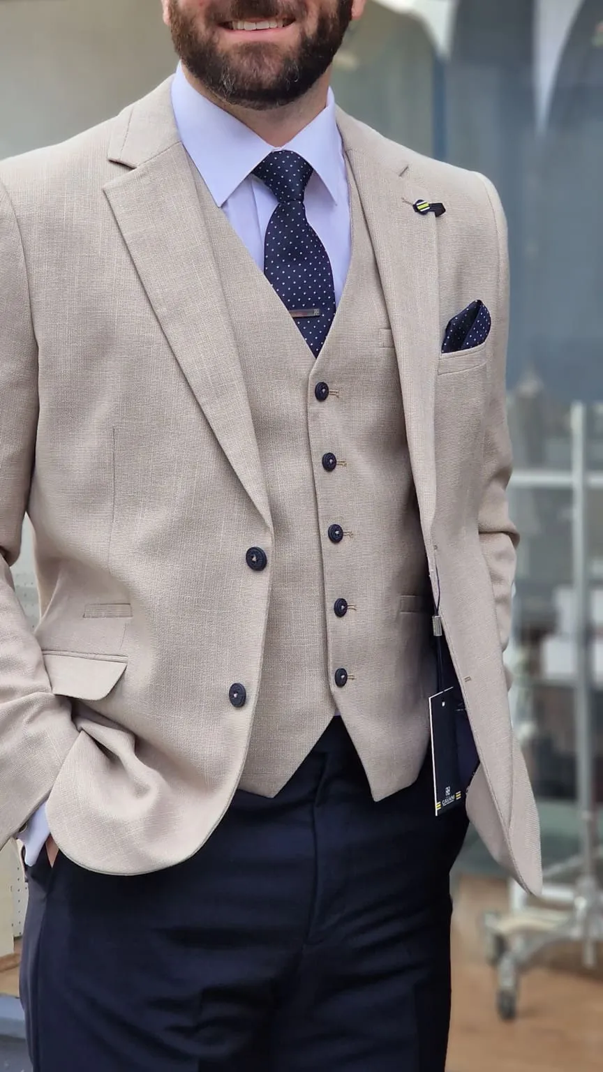 Cavani Miami Beige Three Piece Suit with Navy Trousers