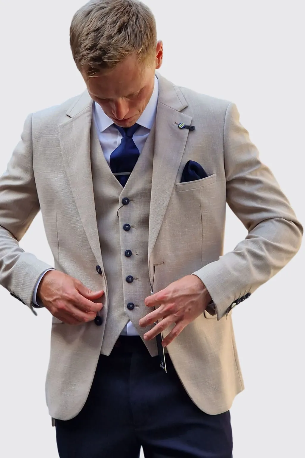 Cavani Miami Beige Three Piece Suit with Navy Trousers