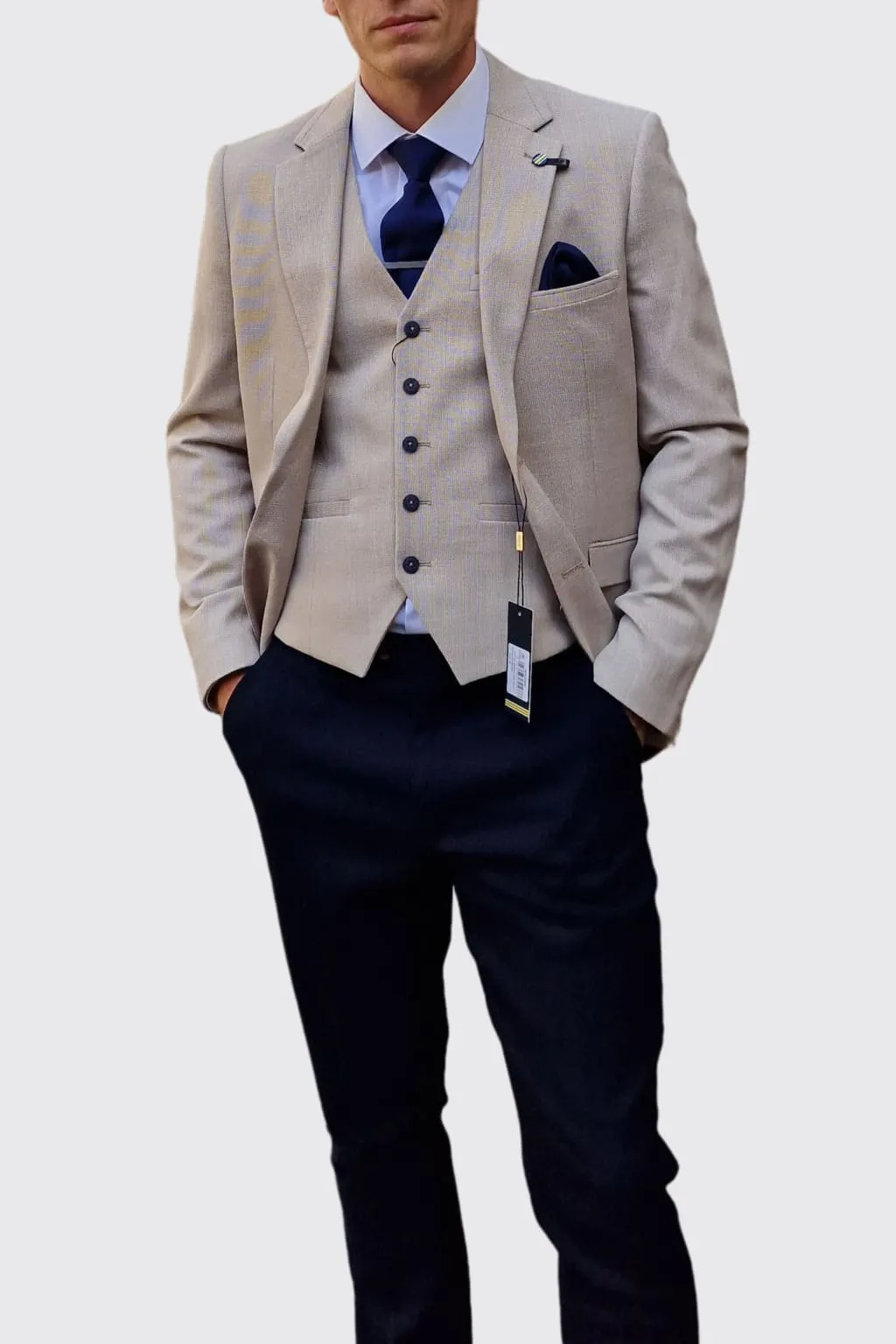 Cavani Miami Beige Three Piece Suit with Navy Trousers