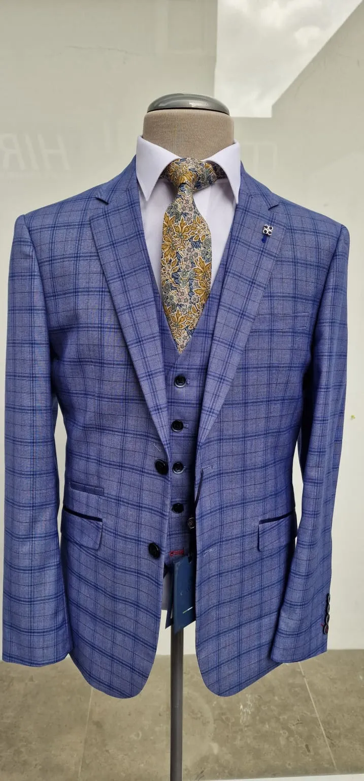 Cavani Tamara Blue Check Slim Fit 3-Piece Suit Size 36R with 32R Trousers