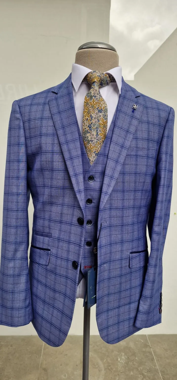 Cavani Tamara Blue Check Slim Fit 3-Piece Suit Size 36R with 32R Trousers