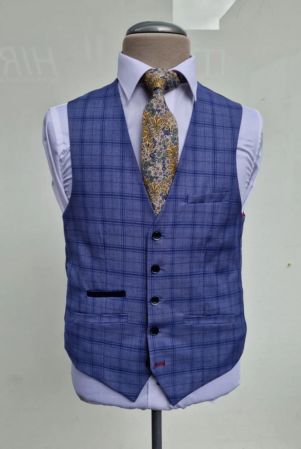 Cavani Tamara Blue Check Slim Fit 3-Piece Suit Size 36R with 32R Trousers