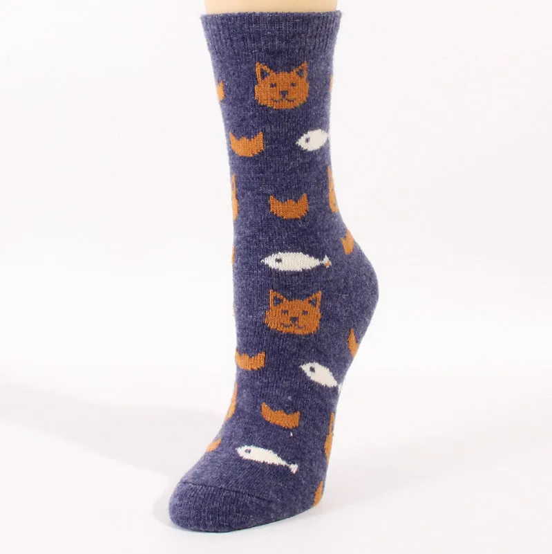 Cozy and Warm | Wool Socks | Cats and fish Blue