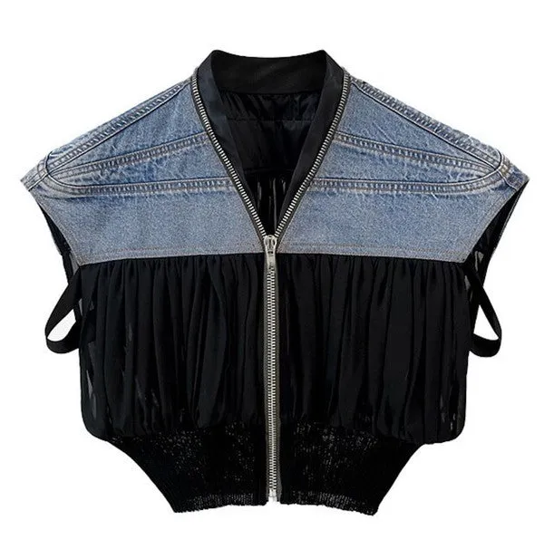 Denim-Chiffon Crop Vest