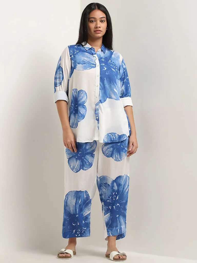 Diza Blue Floral Printed High-Rise Palazzos