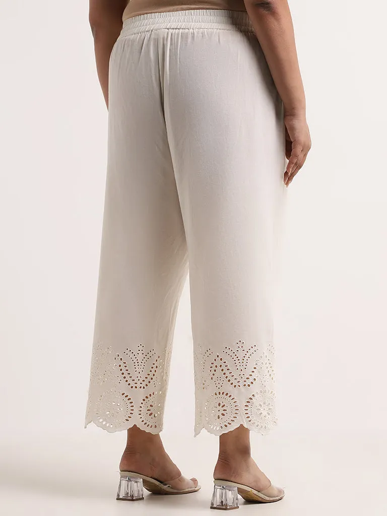 Diza Off-White Schiffli Detailed Straight Cotton Palazzos