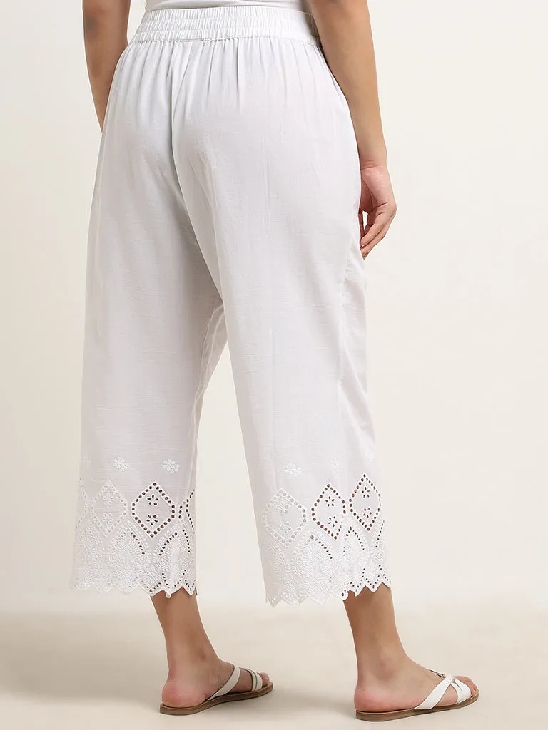 Diza White Schiffli Design High-Rise Cotton Palazzos