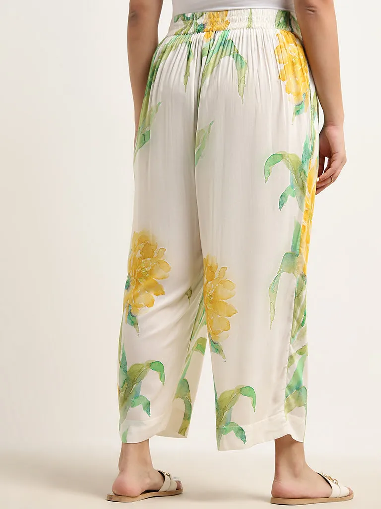 Diza Yellow Floral Printed High-Rise Palazzos