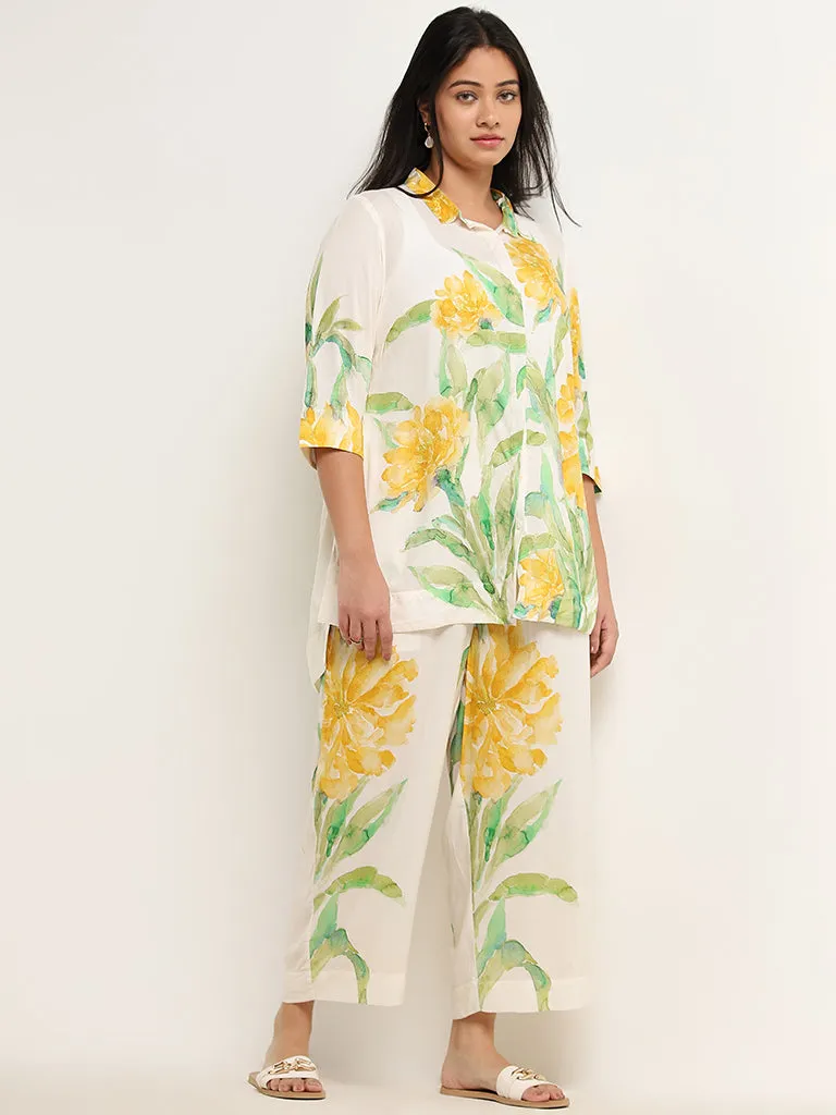 Diza Yellow Floral Printed High-Rise Palazzos