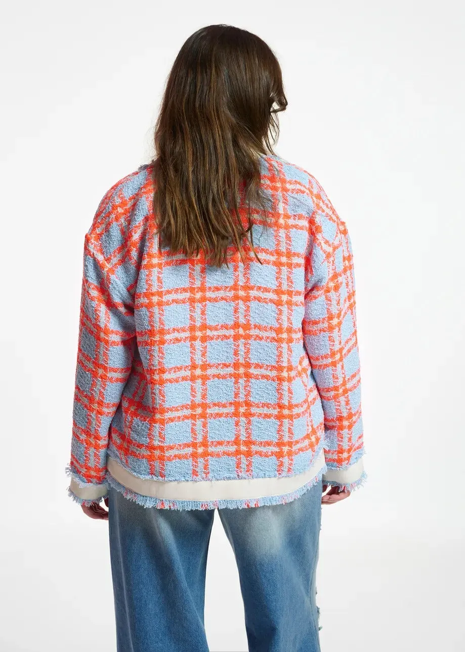 Essentiel Antwerp Light blue neon orange and off-white checked cardigan