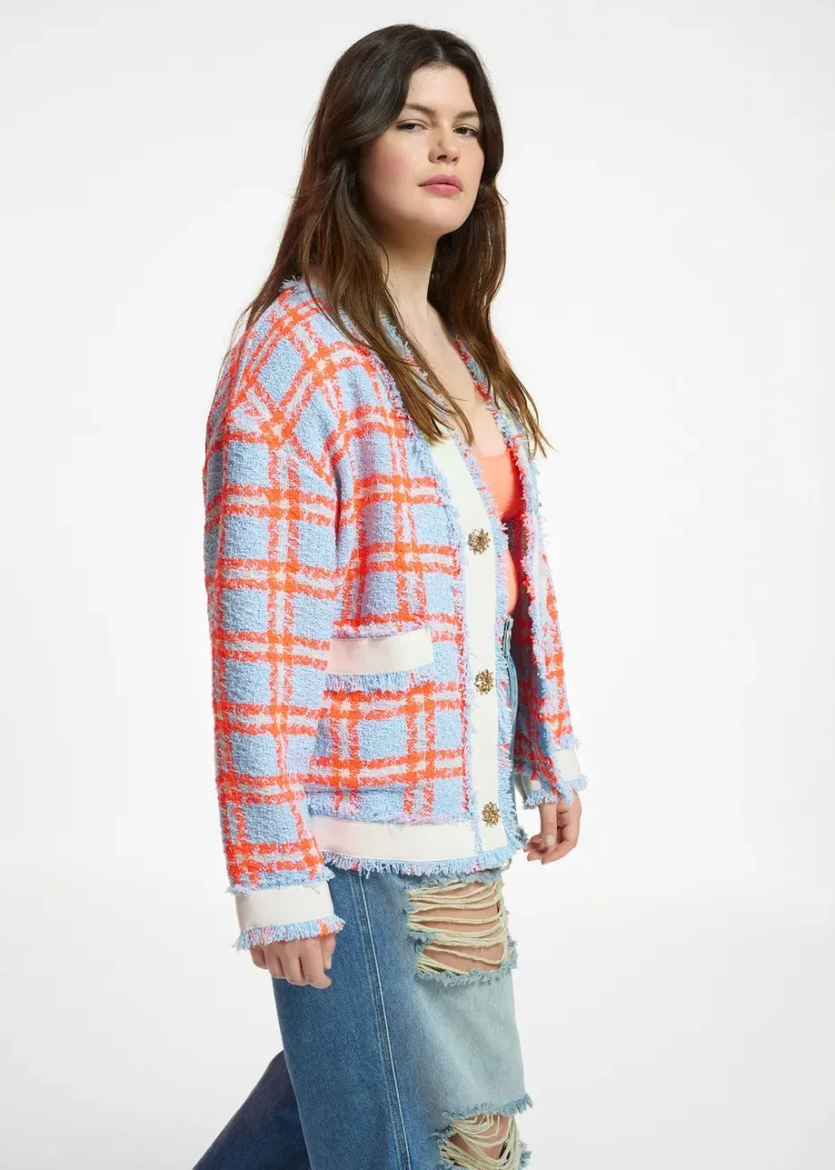 Essentiel Antwerp Light blue neon orange and off-white checked cardigan