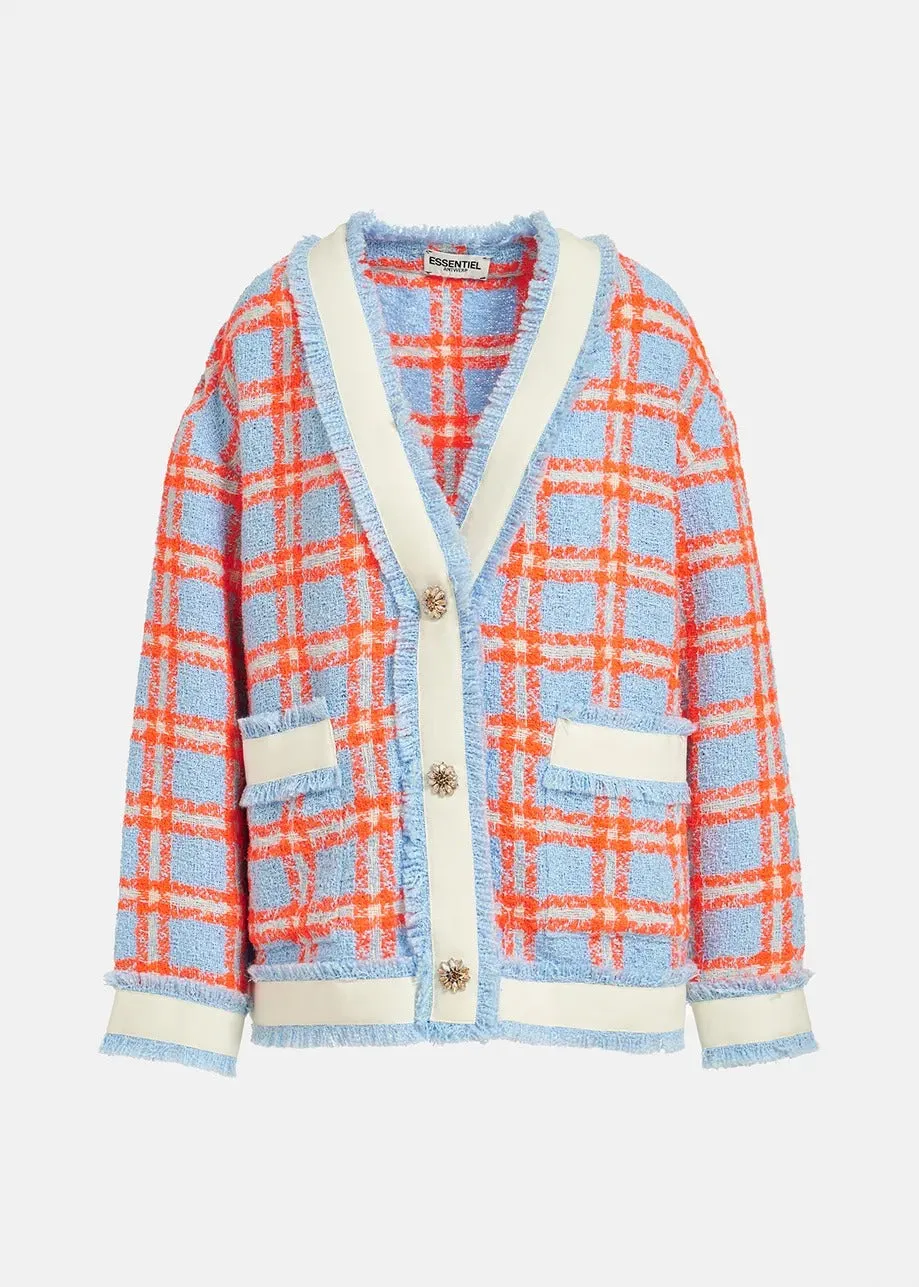 Essentiel Antwerp Light blue neon orange and off-white checked cardigan