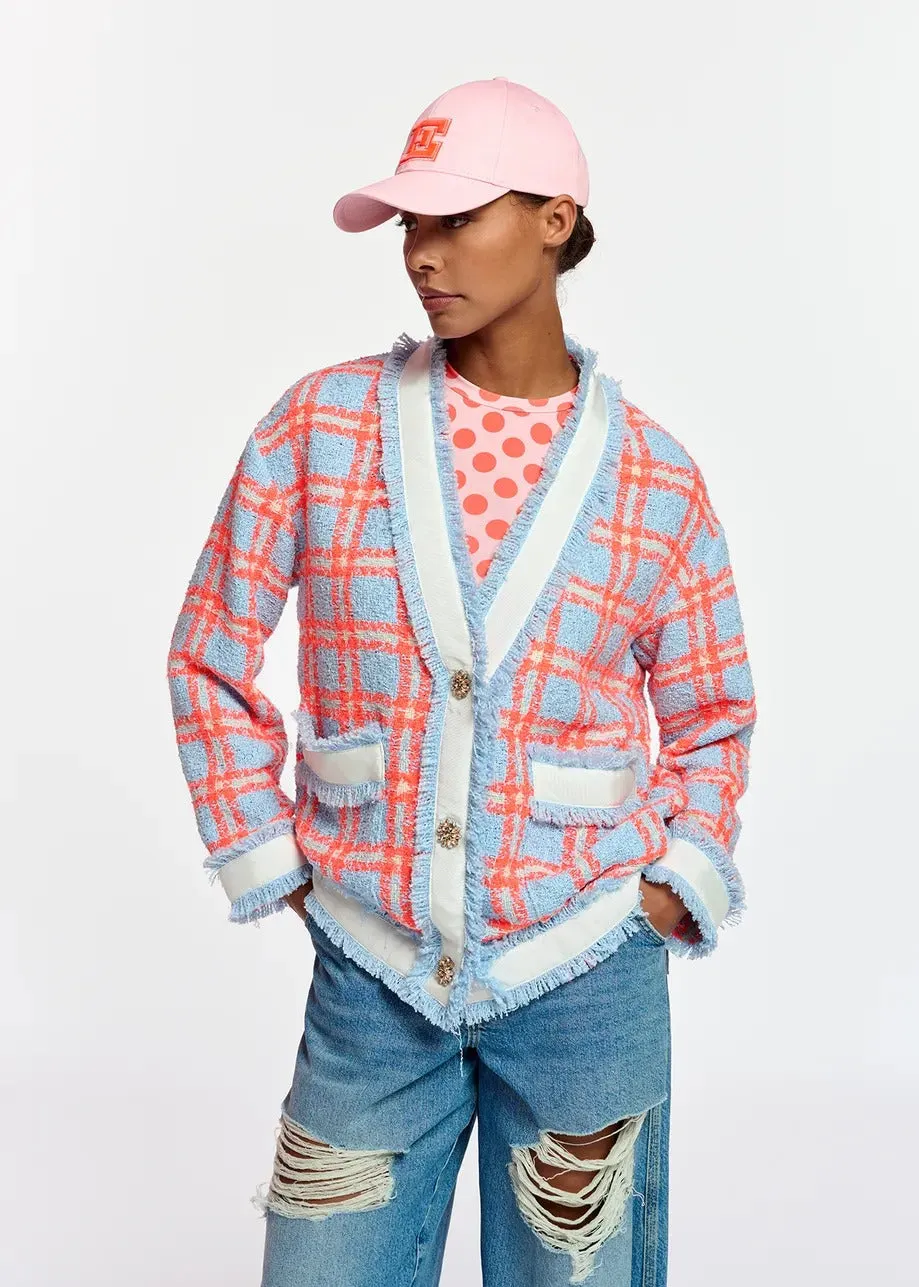 Essentiel Antwerp Light blue neon orange and off-white checked cardigan