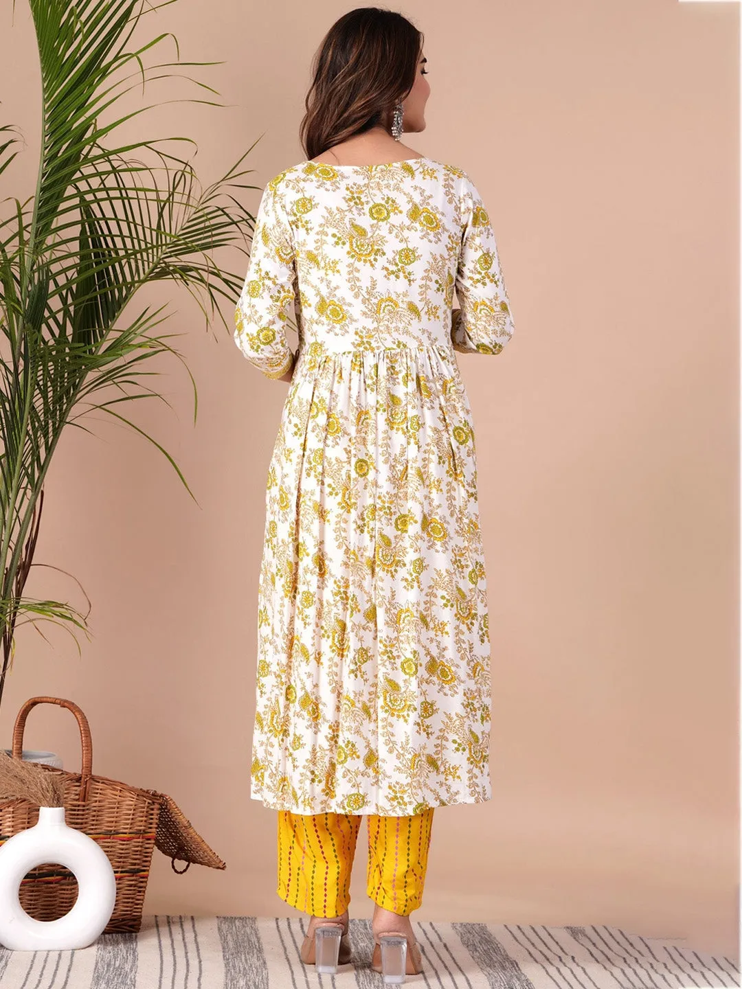 Ethnic Motif Printed Thread Work Pleated Straight Kurta With Trousers & Dupatta