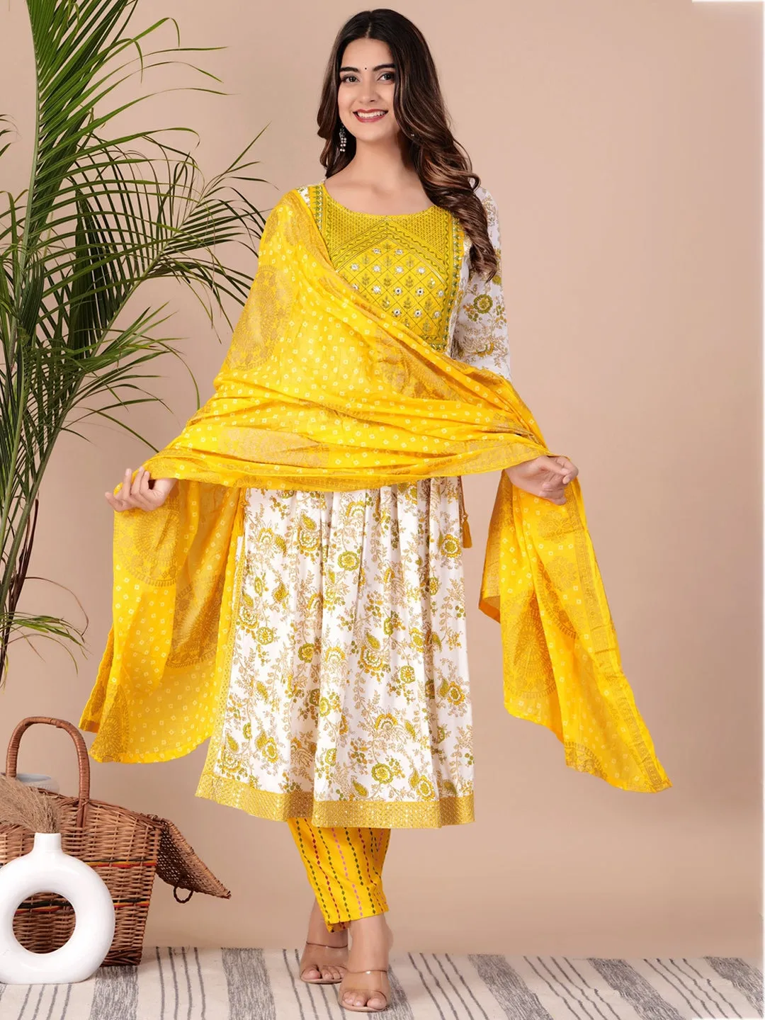 Ethnic Motif Printed Thread Work Pleated Straight Kurta With Trousers & Dupatta