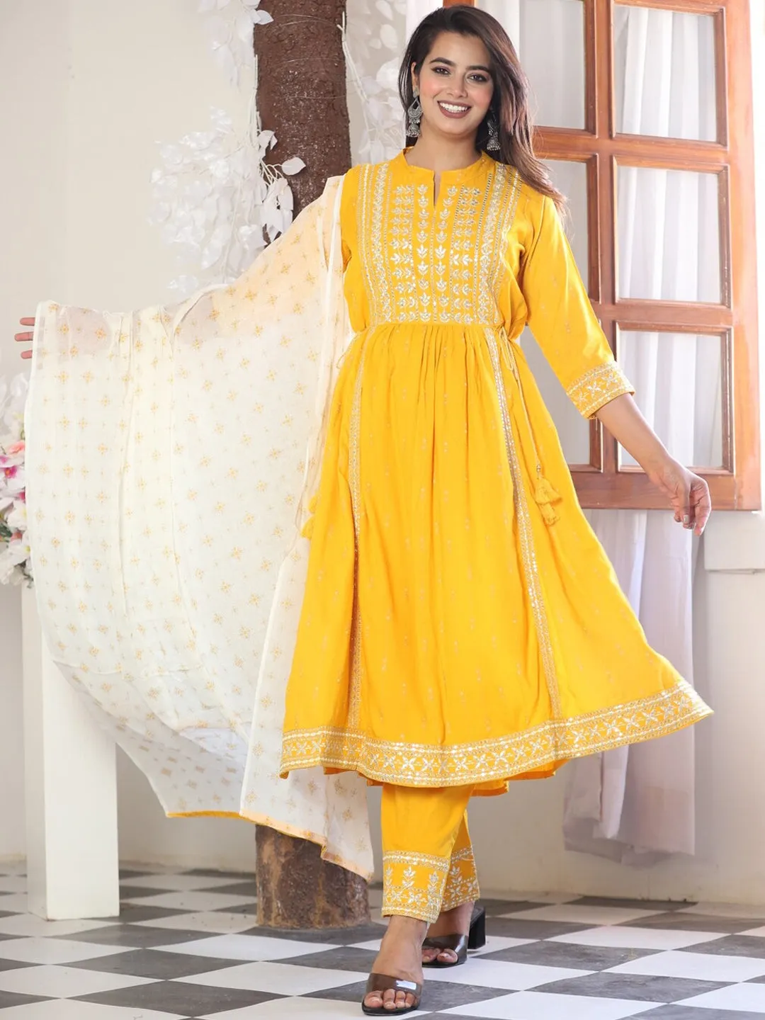 Ethnic Motifs Embroidered Empire Kurta With Palazzos & Dupatta