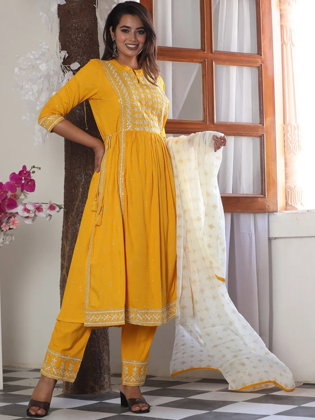 Ethnic Motifs Embroidered Empire Kurta With Palazzos & Dupatta